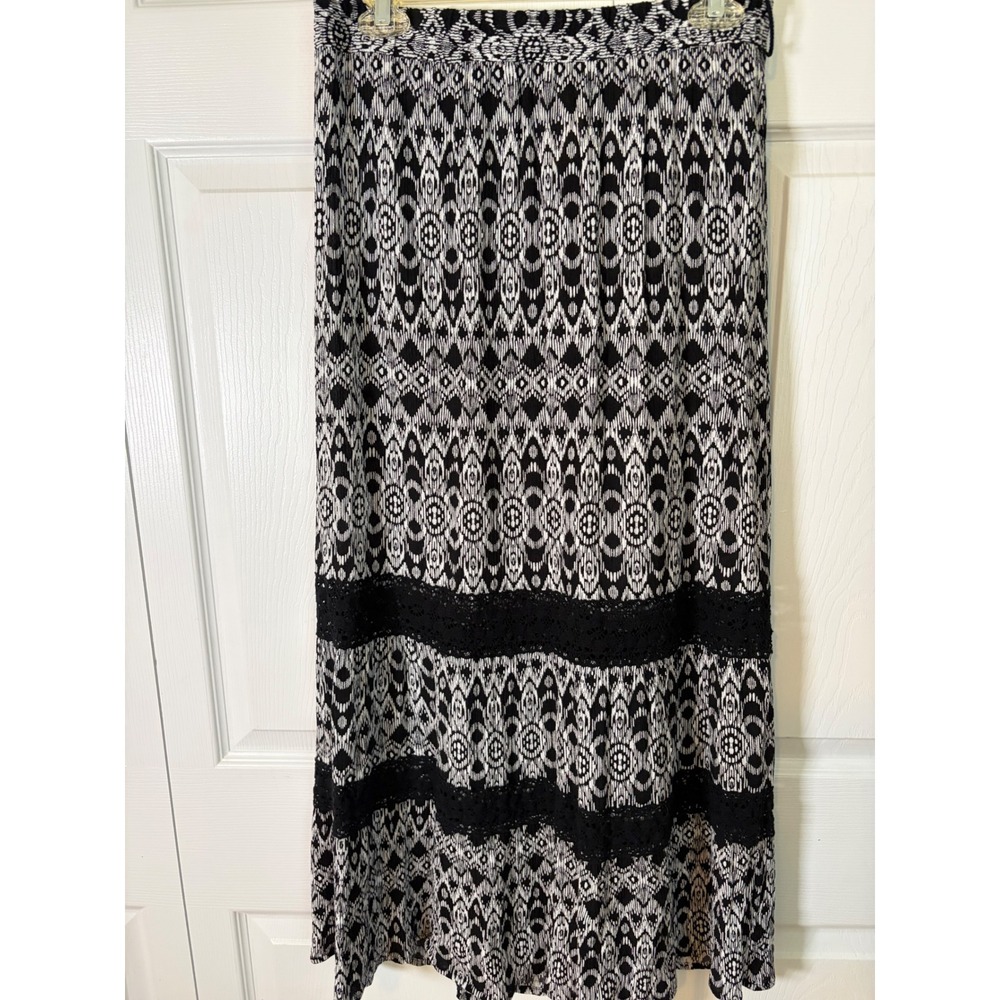 Faded Glory Womens Black White Ikat Geometric Lace Trim Maxi Skirt‎ Size M 8-10